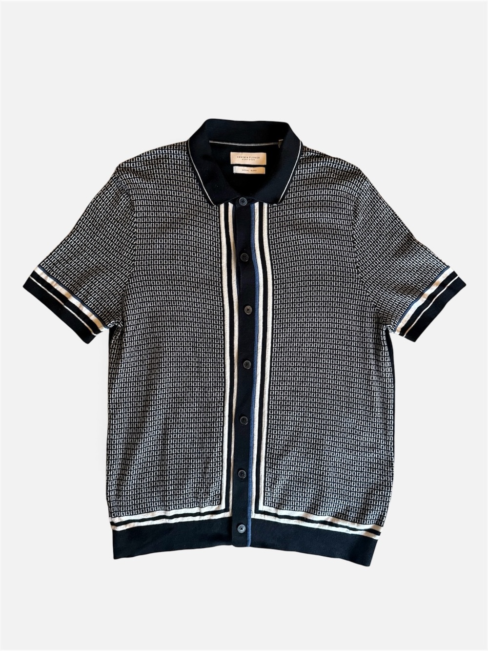 Denim & Flower Navy Knit Polo Cardigan with Cream & White Stripes